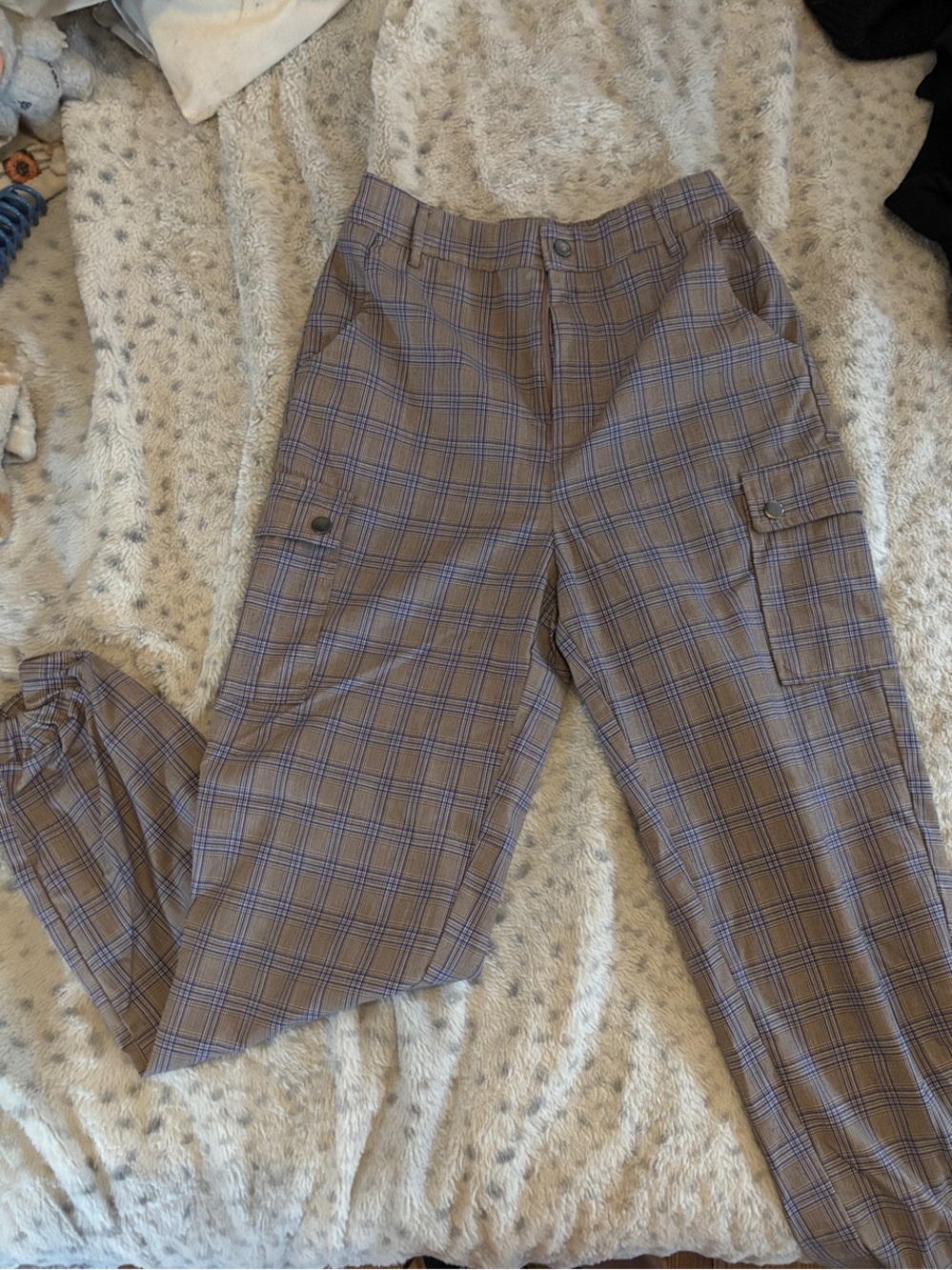 Plaid Cargo Joggers in Brown and Blue